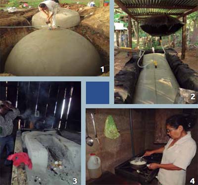 1. Terminando de construir un biodigestor con obra de albañilería. 2. Biodigestor de bajo costo hecho con materiales flexibles. 3. Cocina de leña antes del biogás. 4. Cocinando sin humo gracias al biogás.