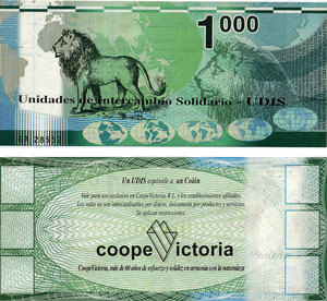 Billete de moneda complementaria: billete de 1.000 unidades de intercambio solidario / Foto: Autor Billete de moneda complementaria: billete de 1.000 unidades de intercambio solidario / Foto: Autor